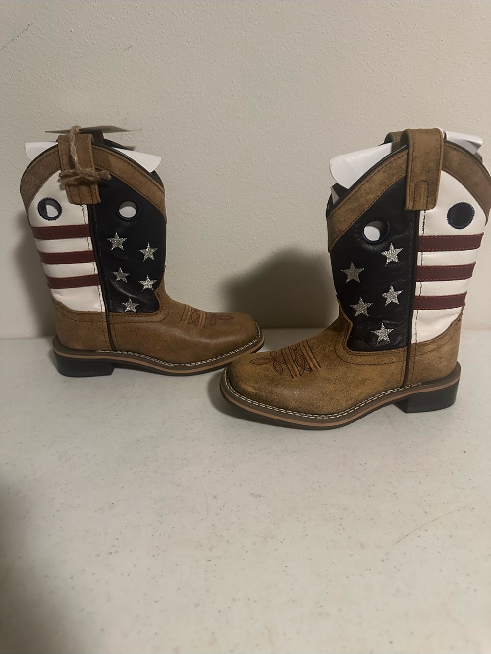 Cody James Boys Size 11D Brown USA Flag Stars Square Toe Cowboy Boots New